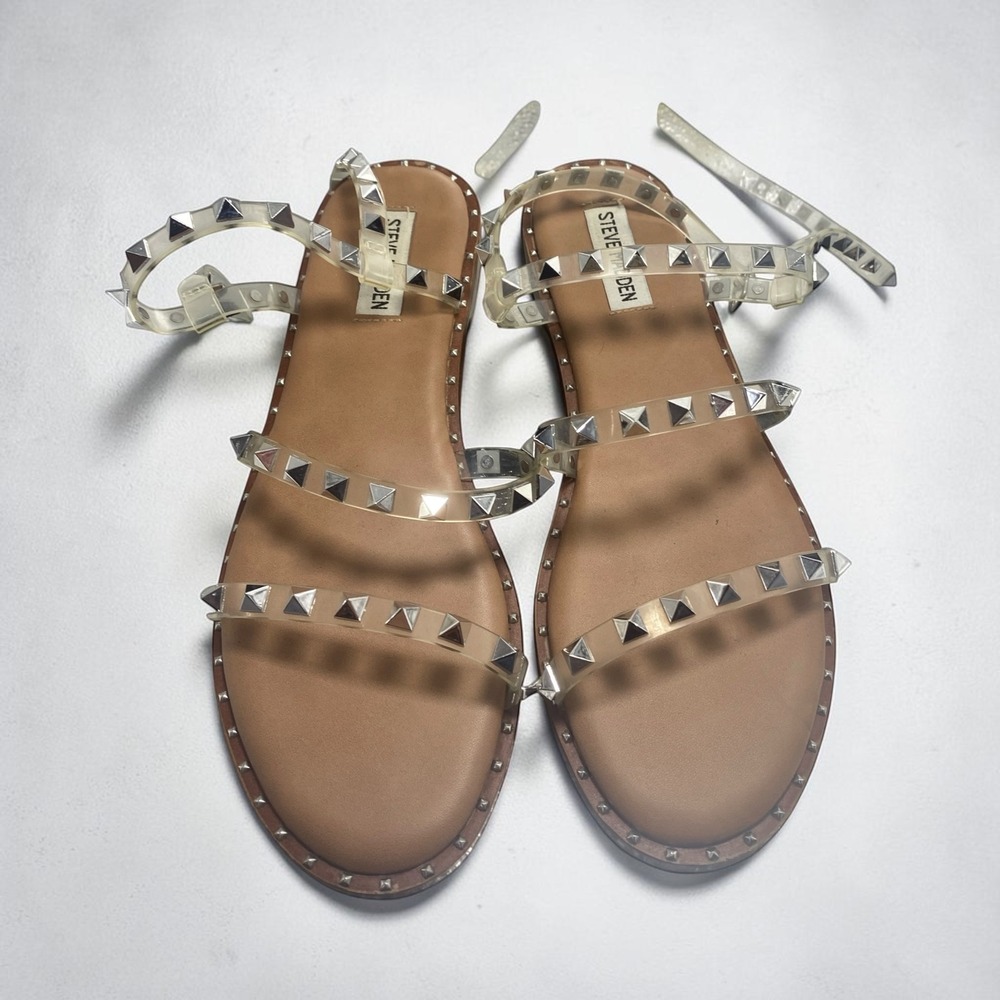 Steve Madden Skyler Clear Studded Gladiator Strappy Flat Sandals Tan Silver 8.5